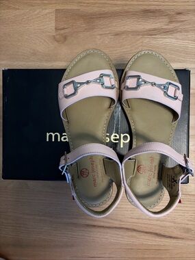 Marc Joseph Pale Pink Leather Slide Sandals with Silver Buckle Accents